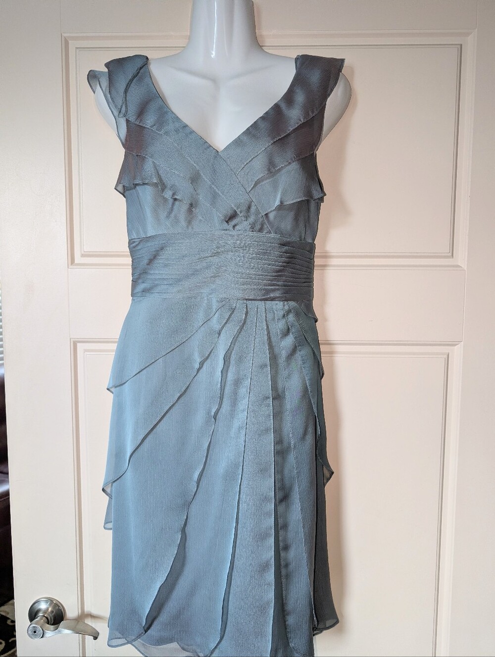 Teal Blue V-Neck Ruffled Waistband Women's Dress